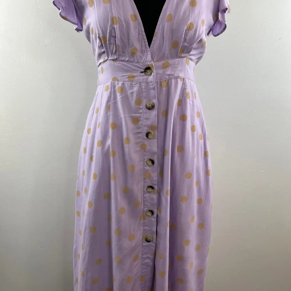 L Space Jordan Polka Dot V-Neck Flutter Sleeve Button-Front Dress Lilac Purple S - Picture 5 of 9